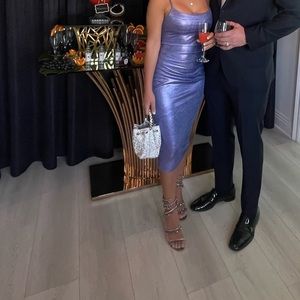 Purple cowl Neck Cocktail Dress Metallic Strappy Midi Maxi